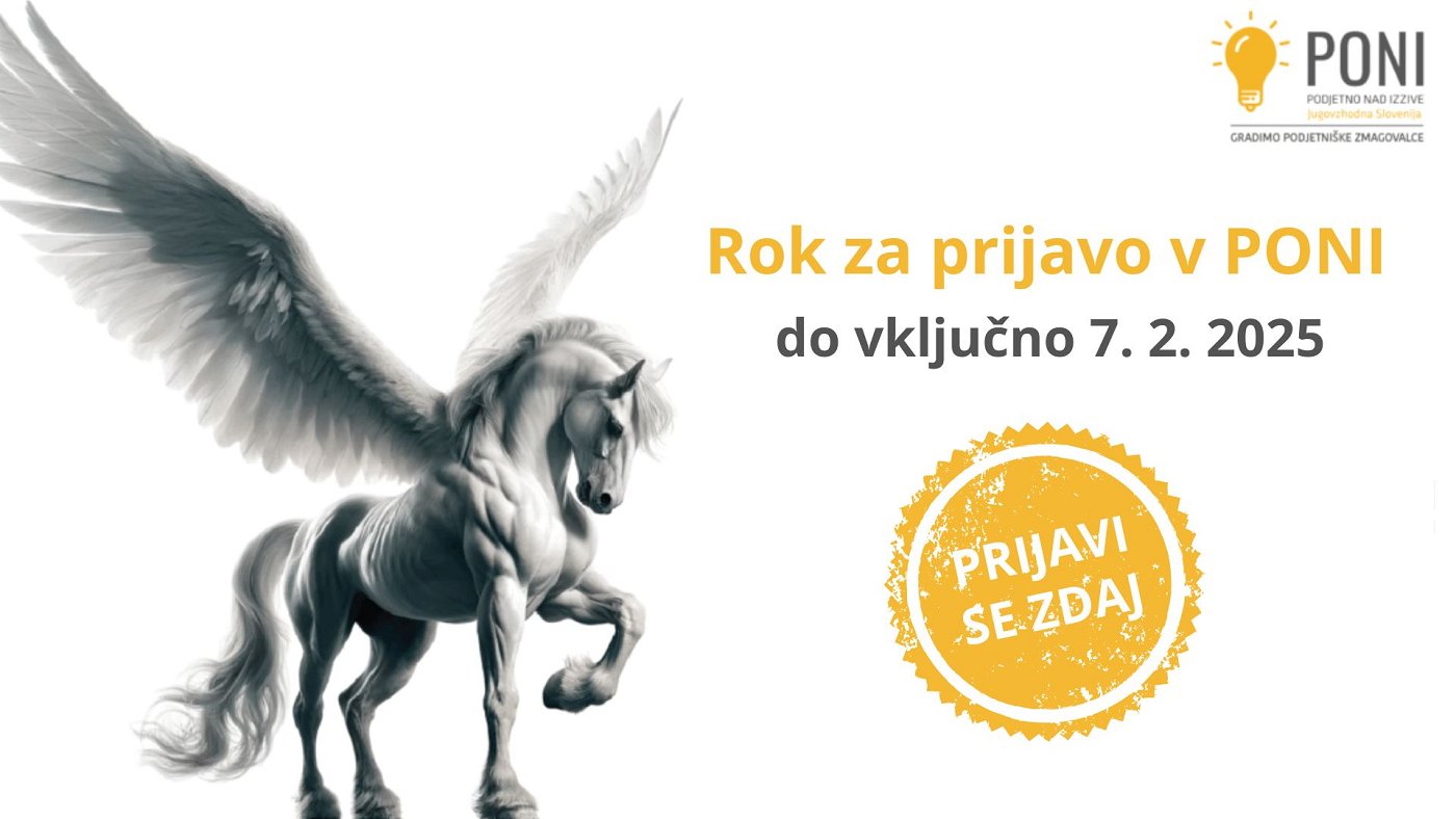 konj s krili in napis za rok za prijavo Razvijajte svojo podjetniško pot: Projekt PONI JV Slovenija vabi k sodelovanju